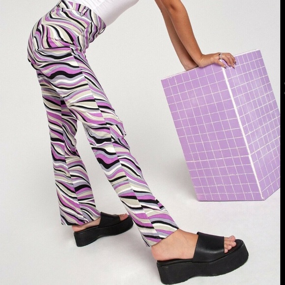 MOTEL ROCKS Zoven Trousers in 60s Abstract Purple Swirl Kick Flare - Picture 2 of 10